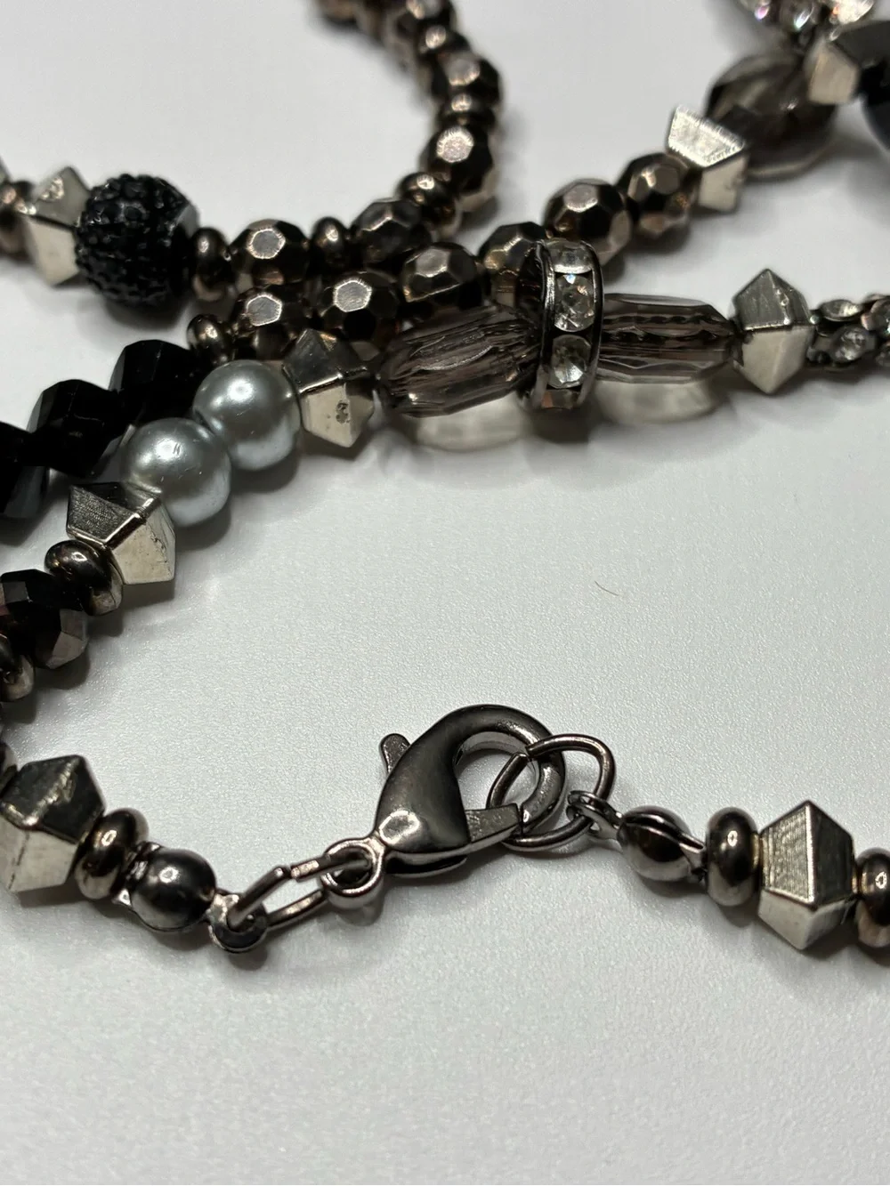 Vintage Long single Strand Black Metal and Silver Beaded Necklace